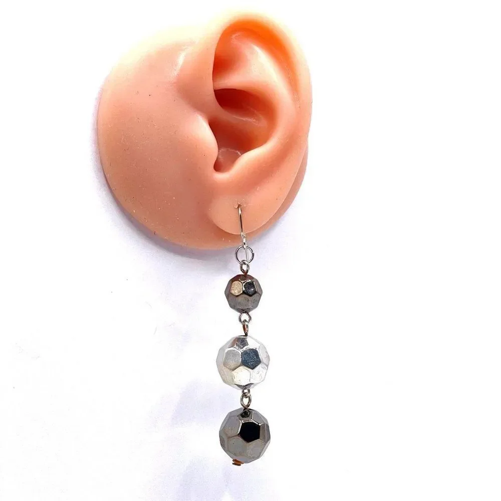 Silver and Gun Metal Black Round Faceted Beaded Dangling Drop Hook Earrings